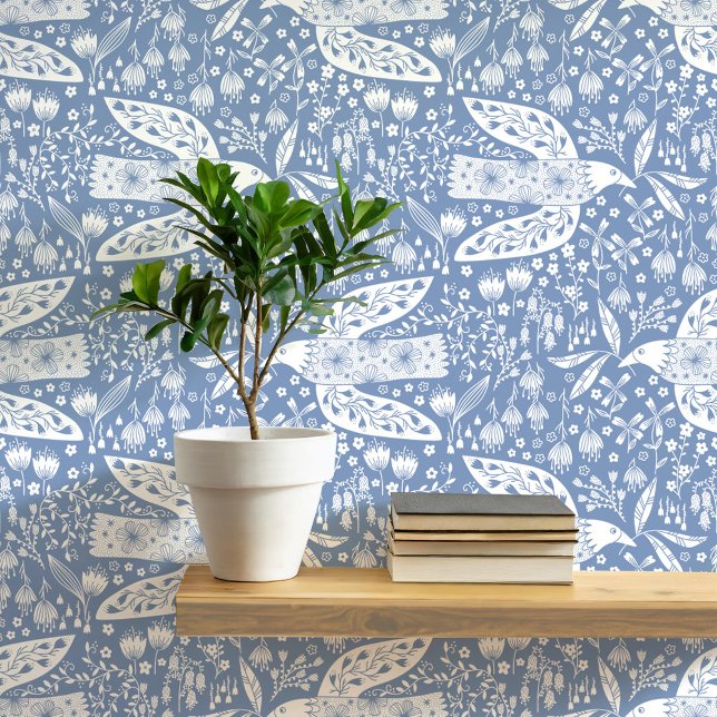 Duiven en witte bloemen op Dusty Blue Bird Art Behang (Doves and flowers botanical folk art style peel and stick wallpaper)
