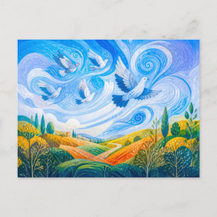 Duiven glijden in de wind over de heuvelachtige bu briefkaart