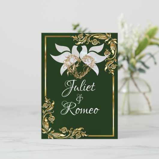 Duiven, Hart, & Gouden Bladeren op Smaragdgroen Kaart (Staand voorkant)