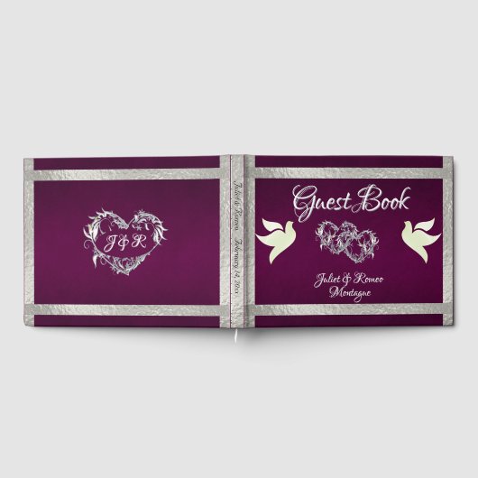 Duiven, harten en lint - Paarse / zilveren gastenb Gastenboek (Volledig)