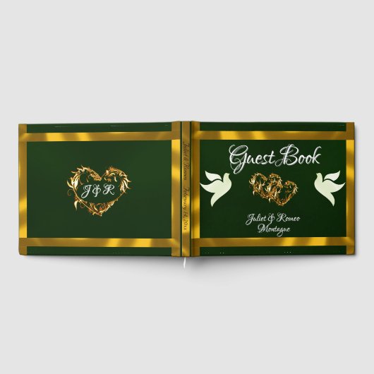 Duiven, harten en lint - smaragd / goud gastenboek (Volledig)