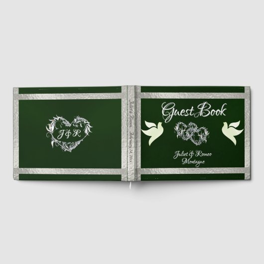 Duiven, harten en lint - smaragd / zilver gastenboek (Volledig)