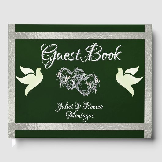 Duiven, harten en lint - smaragd / zilver gastenboek (Voorkant)