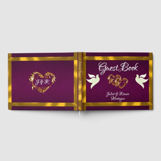 Duiven, harten & lint - Paarse/gouden Gastenboek (Volledig)