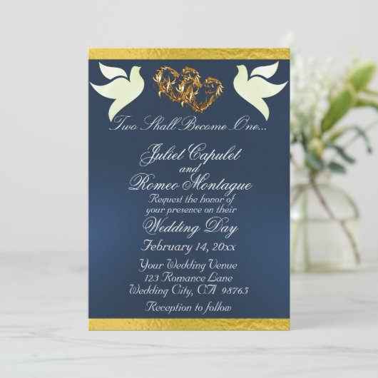 Duiven, harten & lint, QR-code - blauw/goud Kaart (Staand voorkant)