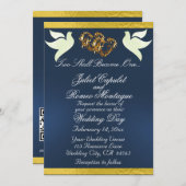 Duiven, harten & lint, QR-code - blauw/goud Kaart (Voorkant / Achterkant)