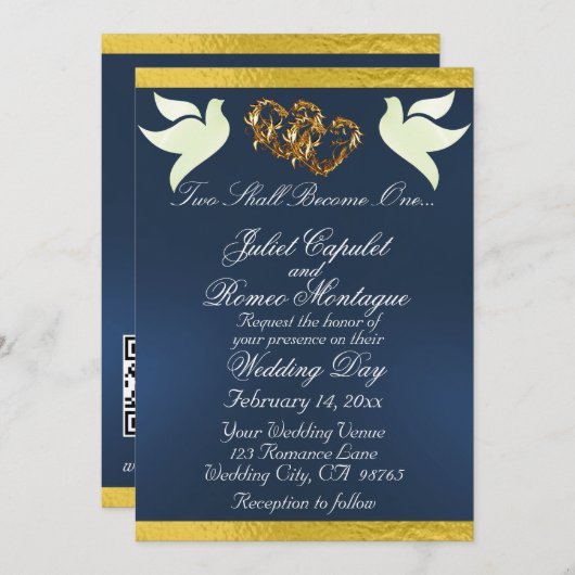 Duiven, harten & lint, QR-code - blauw/goud Kaart (Voorkant / Achterkant)