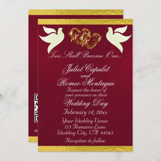 Duiven, harten & lint, QR-code - Bourgogne/Goud Kaart (Voorkant / Achterkant)