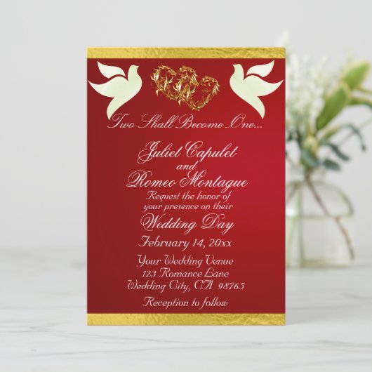 Duiven, harten & lint, QR-code - Crimson/Gold Kaart (Staand voorkant)