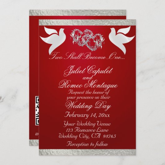 Duiven, harten & lint, QR-code - karmozijn/zilver Kaart (Voorkant / Achterkant)