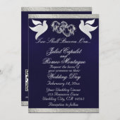 Duiven, harten & lint, QR-code - Navy blauw/zilver Kaart (Voorkant / Achterkant)