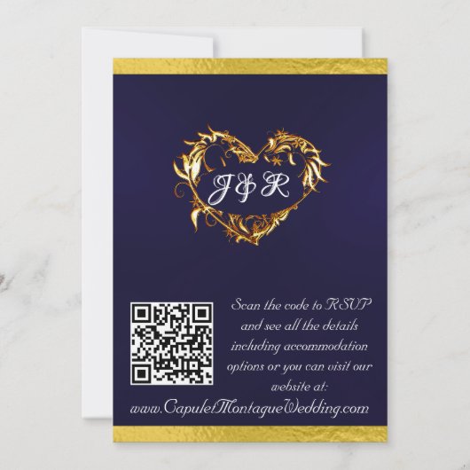 Duiven, harten & lint, QR-code - Navy Blue/Gold Kaart (Achterkant)