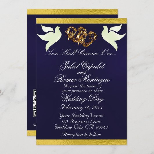 Duiven, harten & lint, QR-code - Navy Blue/Gold Kaart (Voorkant / Achterkant)