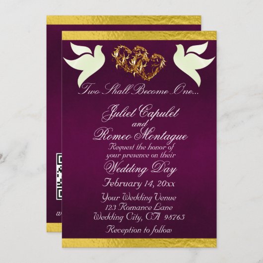 Duiven, Harten & Lint, QR Code - Paars/Goud Kaart (Voorkant / Achterkant)