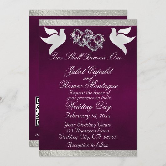 Duiven, harten & lint, QR-code - Paarse/zilveren Kaart (Voorkant / Achterkant)