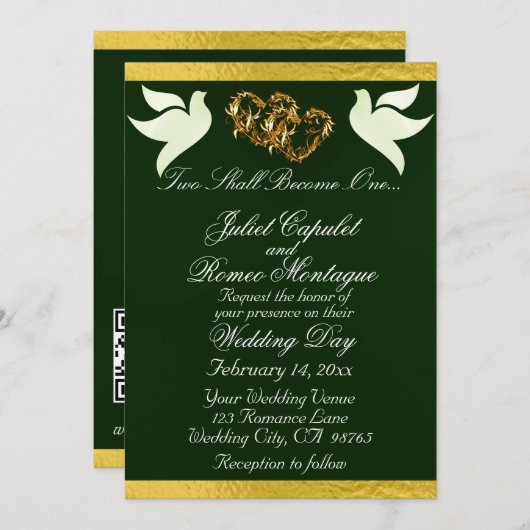 Duiven, harten & lint, QR-code - Smaragd/Goud Kaart (Voorkant / Achterkant)