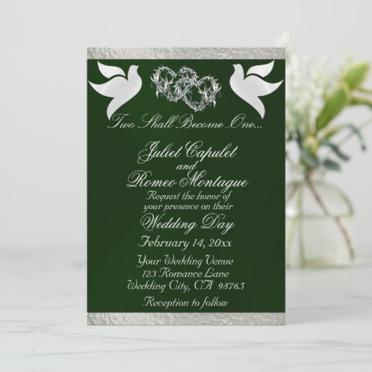 Duiven, harten & lint, QR-code - Smaragd/Zilver Kaart (Staand voorkant)