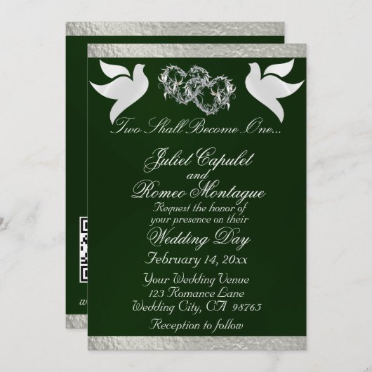 Duiven, harten & lint, QR-code - Smaragd/Zilver Kaart (Voorkant / Achterkant)