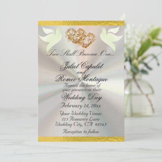 Duiven, harten & lint, QR-code - Wit/Goud Kaart (Staand voorkant)