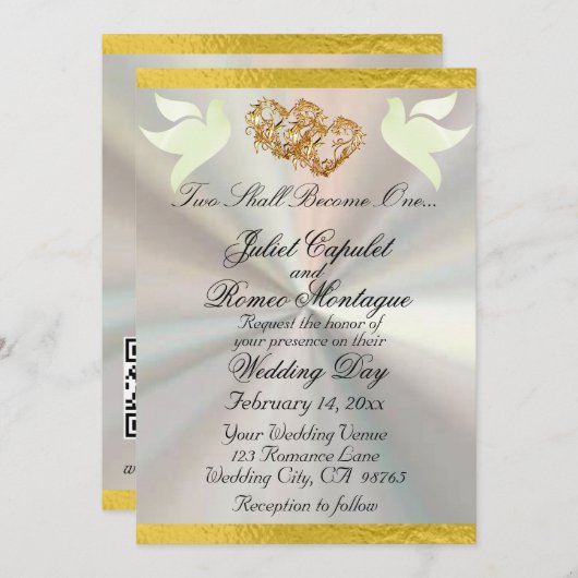 Duiven, harten & lint, QR-code - Wit/Goud Kaart (Voorkant / Achterkant)