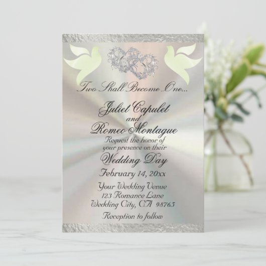 Duiven, harten & lint, QR-code - Wit/Zilver Kaart (Staand voorkant)