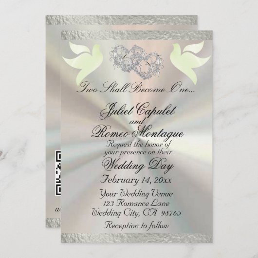 Duiven, harten & lint, QR-code - Wit/Zilver Kaart (Voorkant / Achterkant)