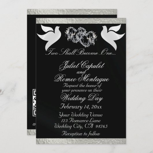 Duiven, harten & lint, QR-code - Zwart/Zilver Kaart (Voorkant / Achterkant)