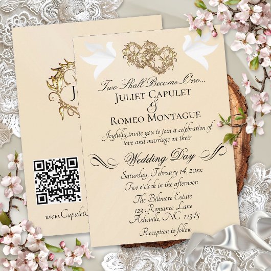 Duiven, Harten, QR Code - Peach Pearl/Gold Kaart