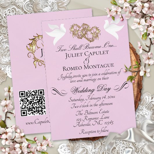 Duiven, Harten, QR Code - Roze Parel/Goud Kaart