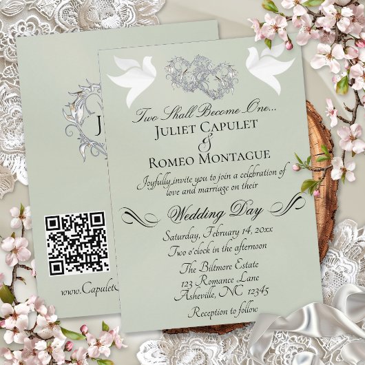 Duiven, Harten, QR Code - Sage Parel/Zilver Kaart