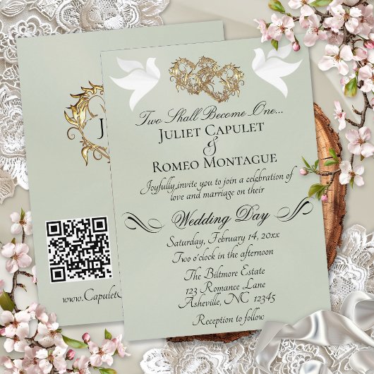 Duiven, Harten, QR-code - Salie Parel/Goud Kaart
