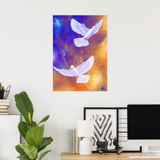 Duiven in schemering | Levendige kleurrijke Poster (Thuiskantoor)