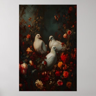 Duiven in tuin Donkere Academics, Donkere Botanisc Poster