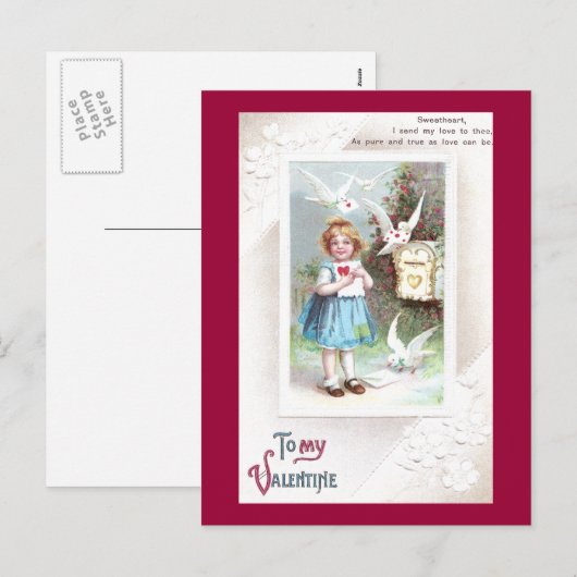 Duiven, Mailbox & Meisje  Valentijn Feestdagenkaart (Voorkant / Achterkant)