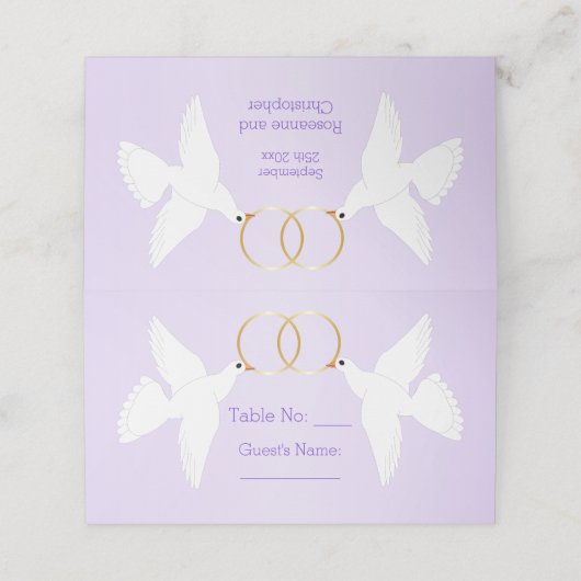 Duiven Ontwerp Lila Gekleurde Bruiloft Plaatskaartje (Buitenkant ongevouwen)