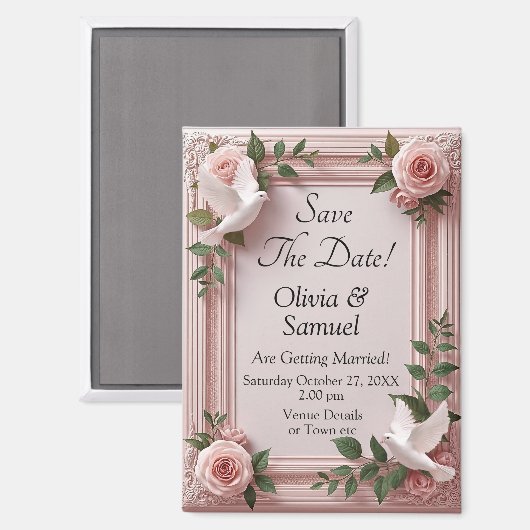 Duiven & Roze Rozen 3D Effect, Save The Date  Magneet (Voorkant / Achterkant)