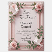 Duiven & Roze Rozen 3D Effect, Save The Date Magneet (Voorkant)