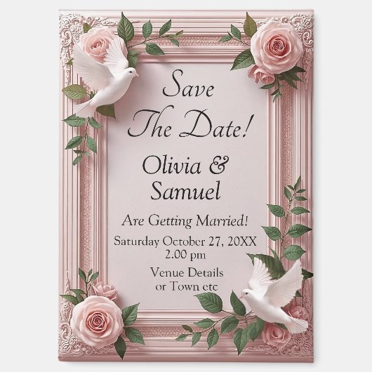 Duiven & Roze Rozen 3D Effect, Save The Date Magneet (Voorkant)