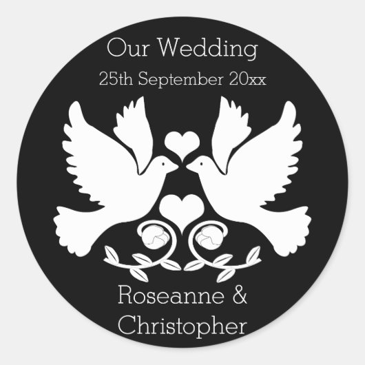 duiven zwart-wit bruiloft ronde sticker (Voorkant)