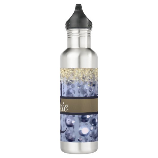 Duizelend Glittery Blue Beads Monogram Waterfles (Rechts)