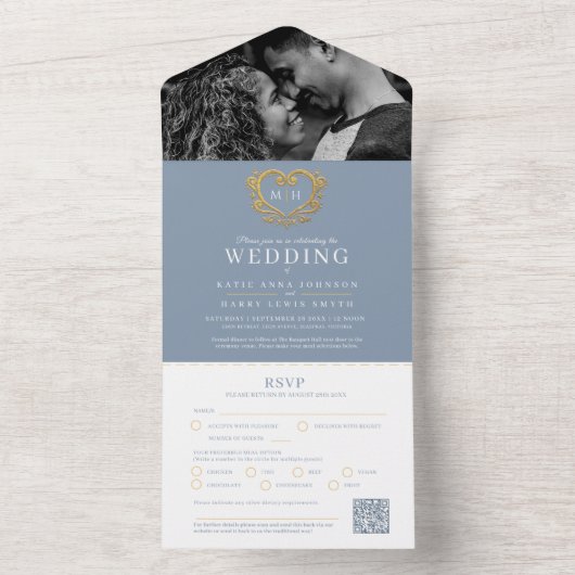 Duizelige monogram QR van het witte gouden goudbru All In One Uitnodiging (Binnen)