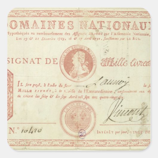 Duizend livre - biljet met Louis XVI's Vierkante Sticker (Voorkant)