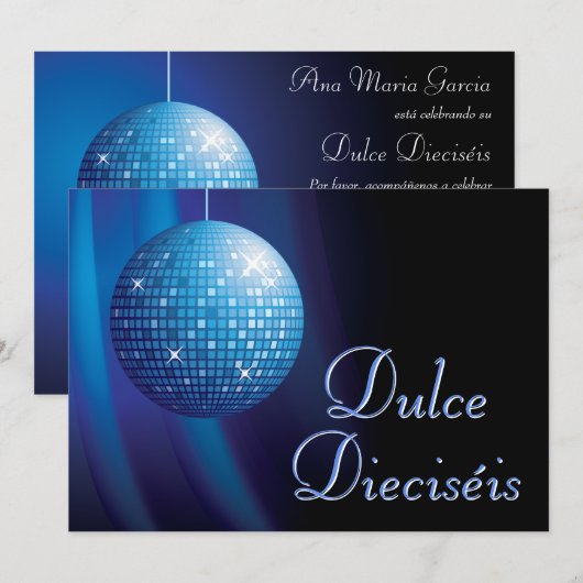 Dulce Dieciséis Disco Bal Azul Fiesta Kaart (Voorkant / Achterkant)