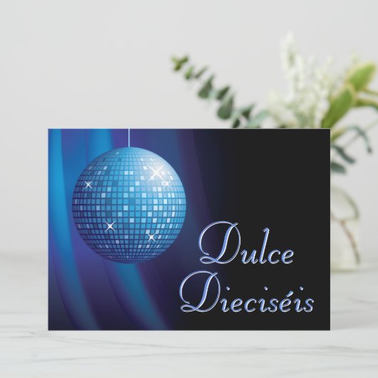 Dulce Dieciséis Disco Ball Azul Fiesta Kaart (Staand voorkant)