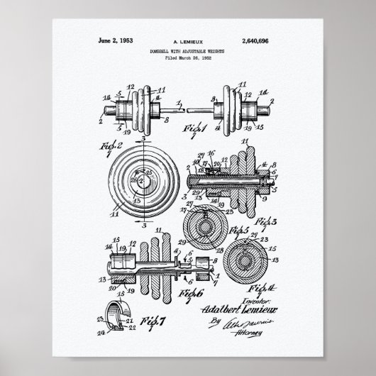 Dumbbell 1953 Patent Art-witboek Poster (Voorkant)