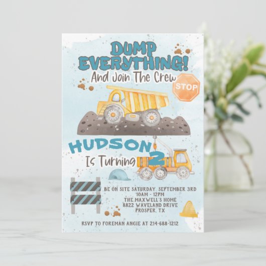 Dump Alles Construction Birthday Invision Kaart (Staand voorkant)