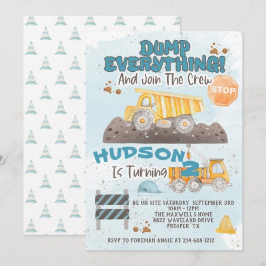 Dump Alles Construction Birthday Invision Kaart (Voorkant / Achterkant)