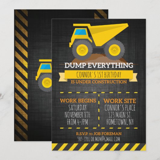 Dump Alles Construction Birthday Invision Kaart (Voorkant / Achterkant)