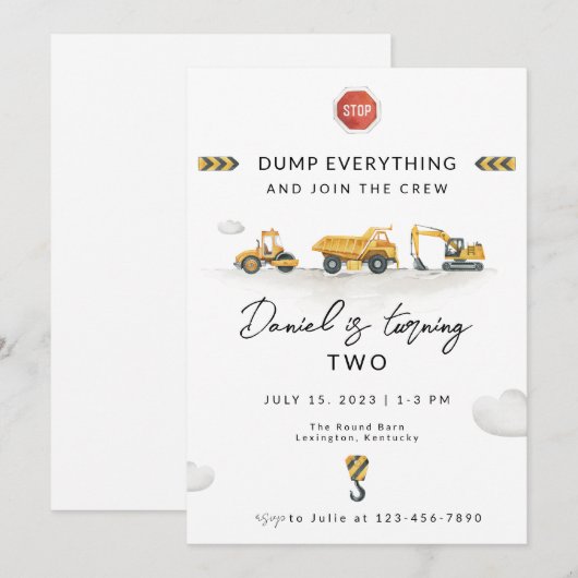 Dump Alles Construction Birthday Invision Kaart (Voorkant / Achterkant)