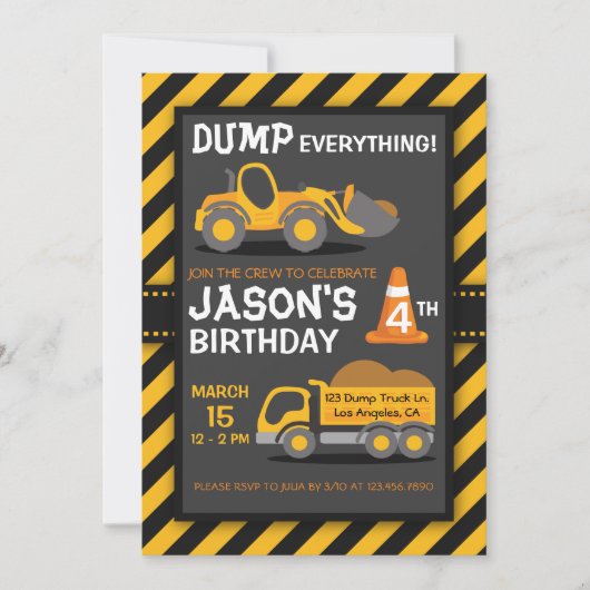 Dump Alles Dump Truck Birthday Party nodigt uit Kaart (Voorkant)